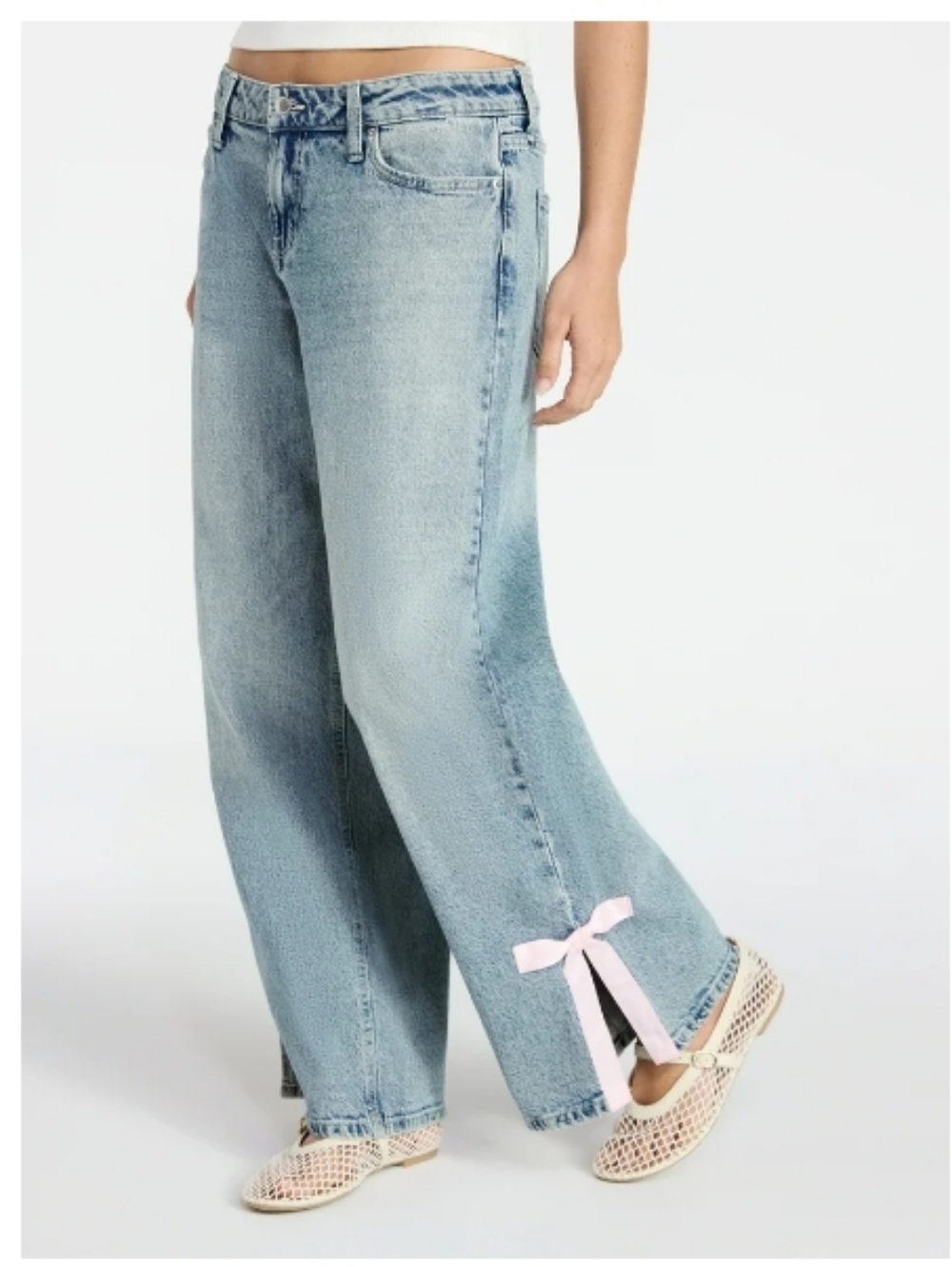 Nobo Washed Denim Wide Leg Jeans Pink Bow Sides Sz 12